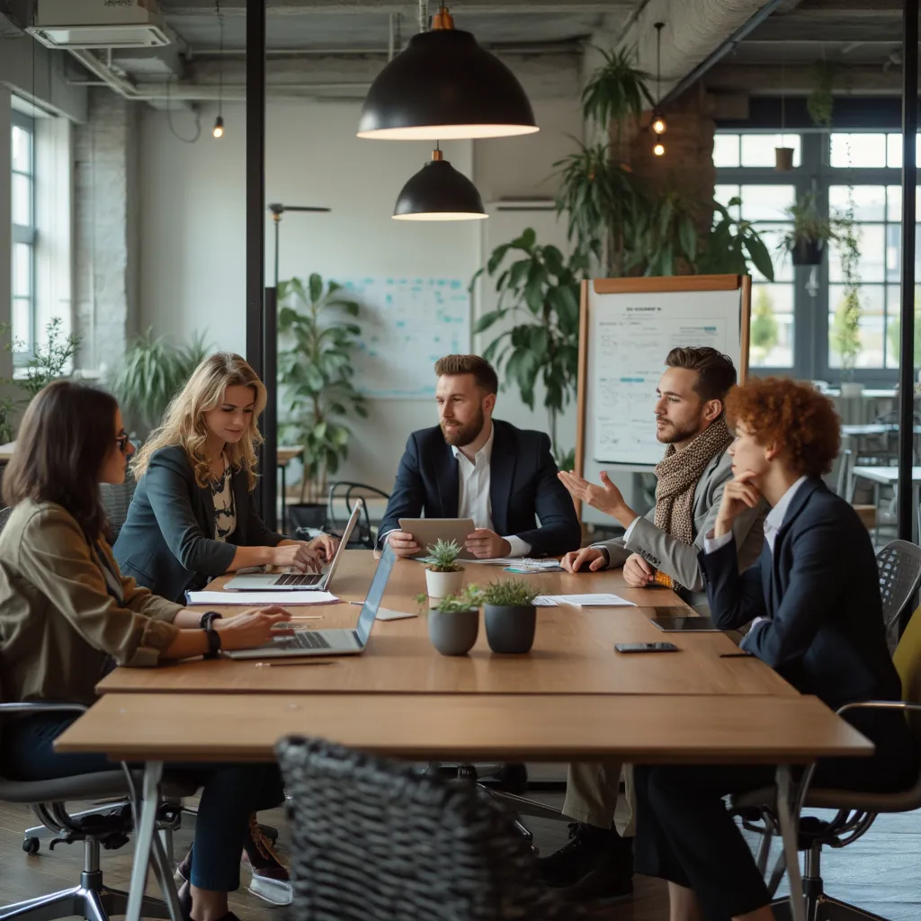 Equipo de consultoría reunido en oficina moderna